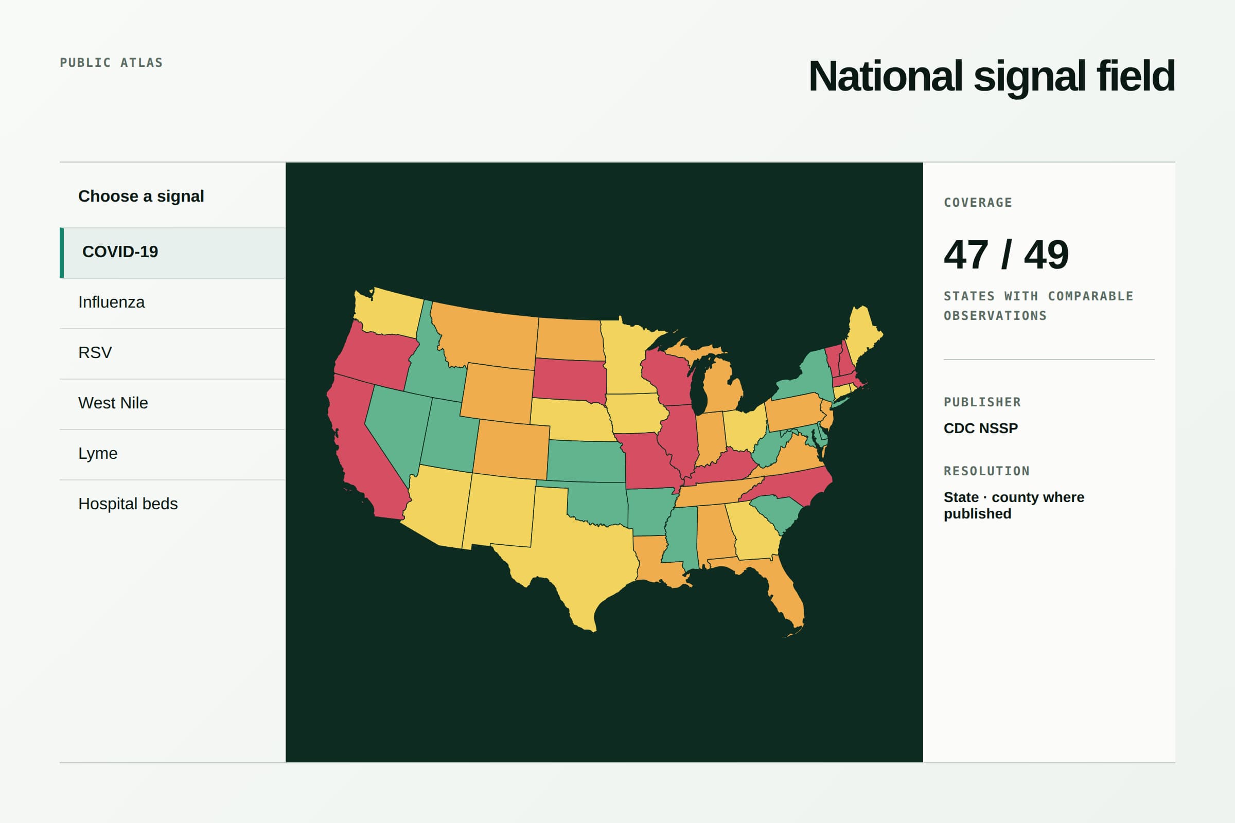 Corvid public atlas with signal selector, national map, and coverage detail